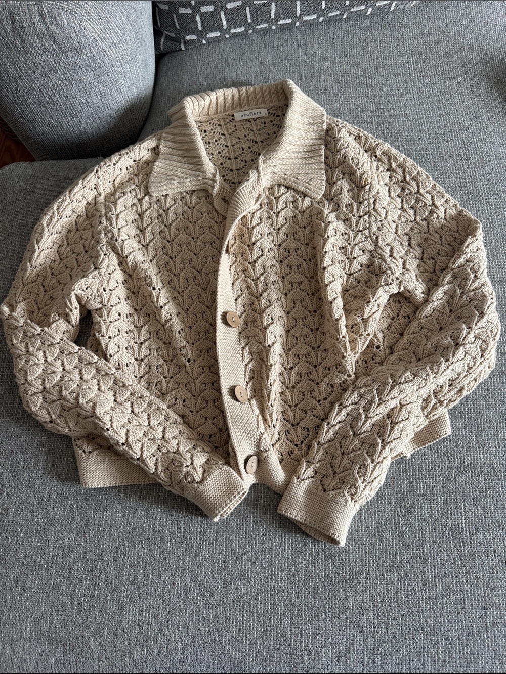 Collared Open-Knit Cardigan Sweater in Beige by Neuflora